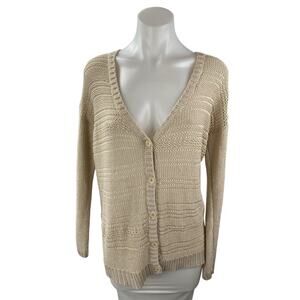 Rubbish Women's Beige Knit Long Sleeve V Neck Button Up Cardigan Sweater Top S